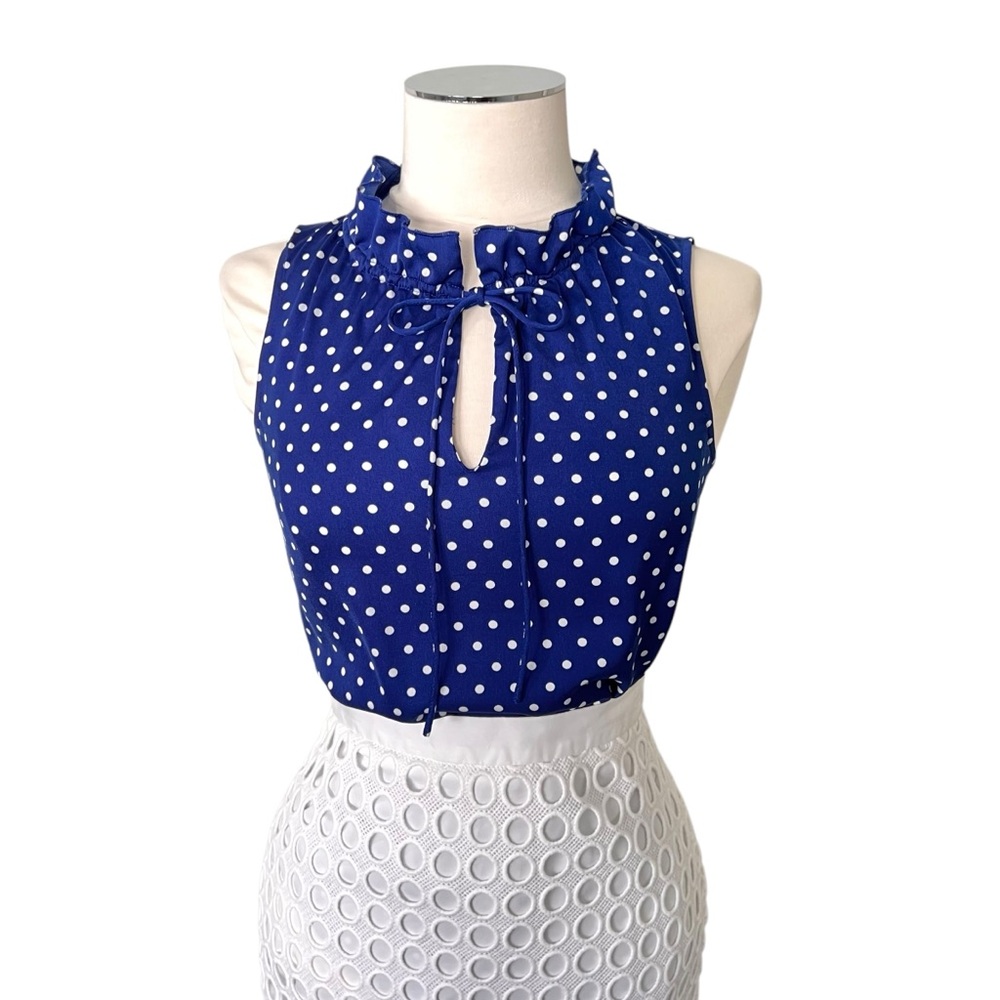 J. CREW FACTORY Polka Dot Ruffle Blouse Sleeveless Style A8174 Blue White Sz 0 - Picture 13 of 13